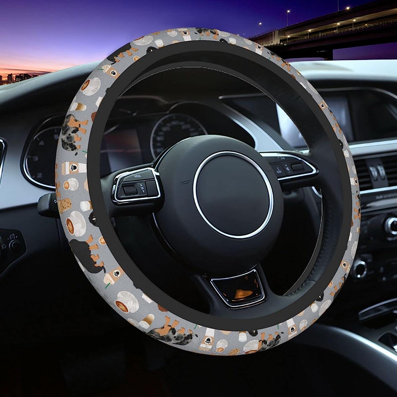 Car Steering Wheel Cover Anti Slip Breathable - Teckel Leuke Hond Grijze Stuurhoes Universele