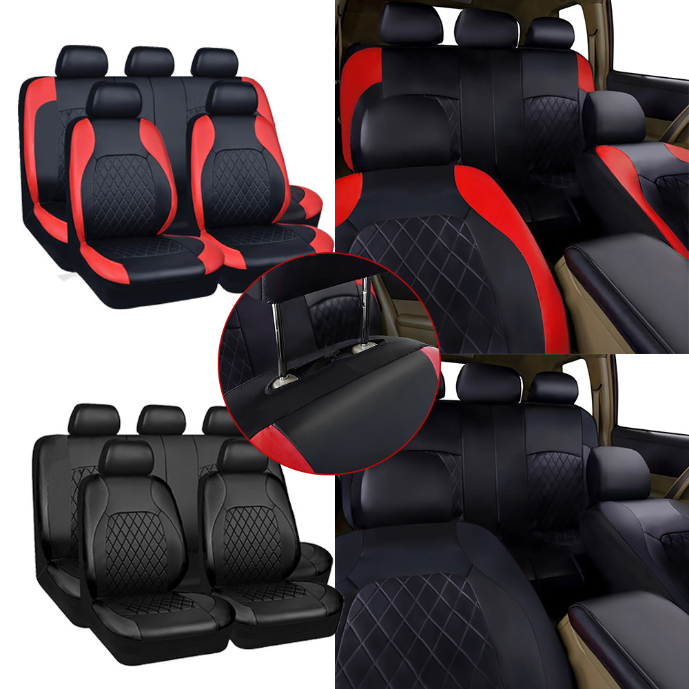 Leather Car Seat Covers Full Set Universal - Nieuwe autostoelhoezen met gewatteerd diamantpatroon, imitatieleder-look,