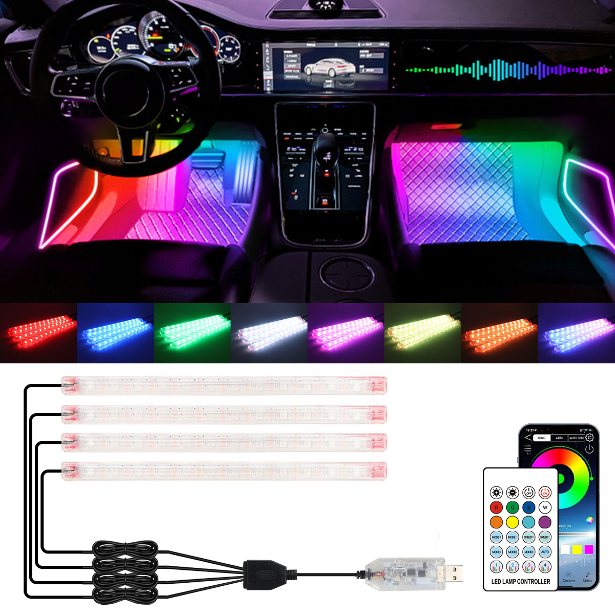 2/4in1 12/18 LED RGB Regenboog - Led Ambient Interior Car Lights App Control recensie en prijs